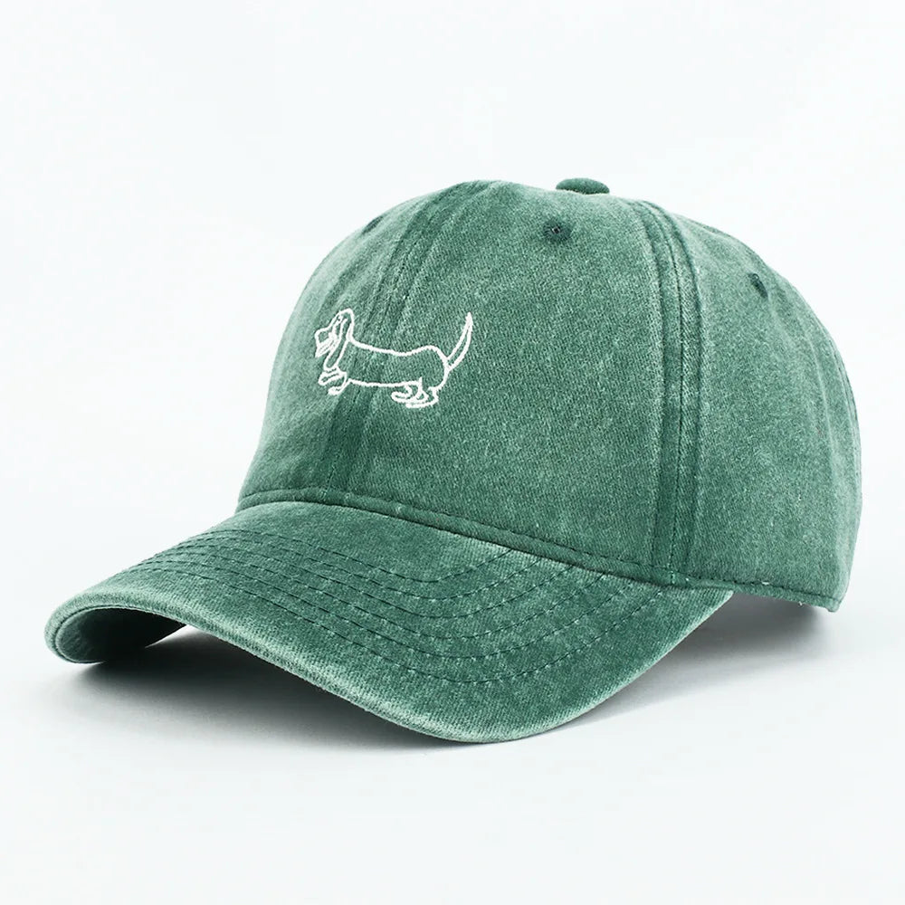 Casquette brodée motif chien en coton vintage