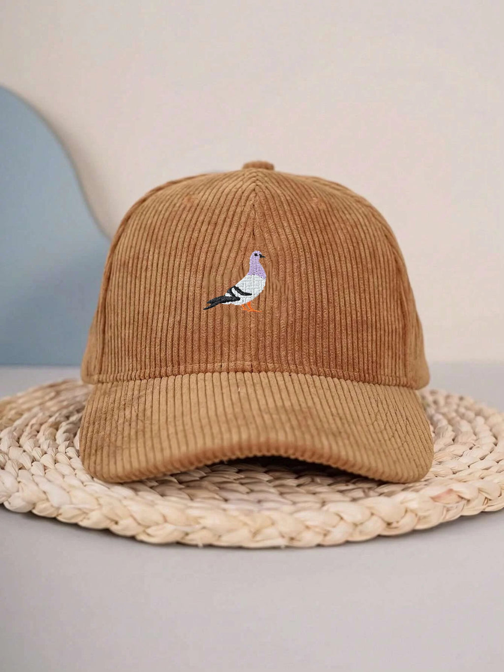 casquette en velours côtelé avec dessin d'oiseau